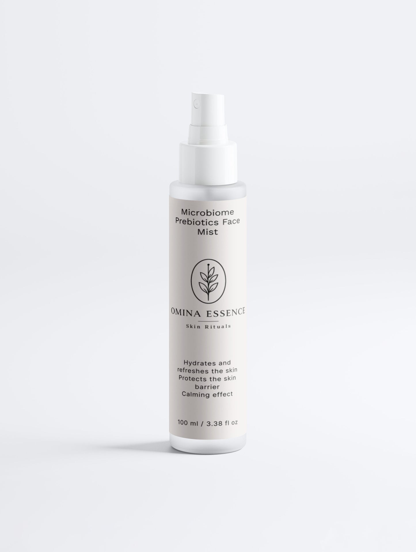 Omina Essence Microbiome Prebiotics Face Mist hydrates and refreshes skin, protecting the skin barrier with a calming effect. 100 ml bottle.