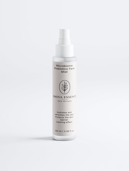 Omina Essence Microbiome Prebiotics Face Mist hydrates and refreshes skin, protecting the skin barrier with a calming effect. 100 ml bottle.