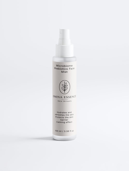 Omina Essence Microbiome Prebiotics Face Mist hydrates and refreshes skin, protecting the skin barrier with a calming effect. 100 ml bottle.