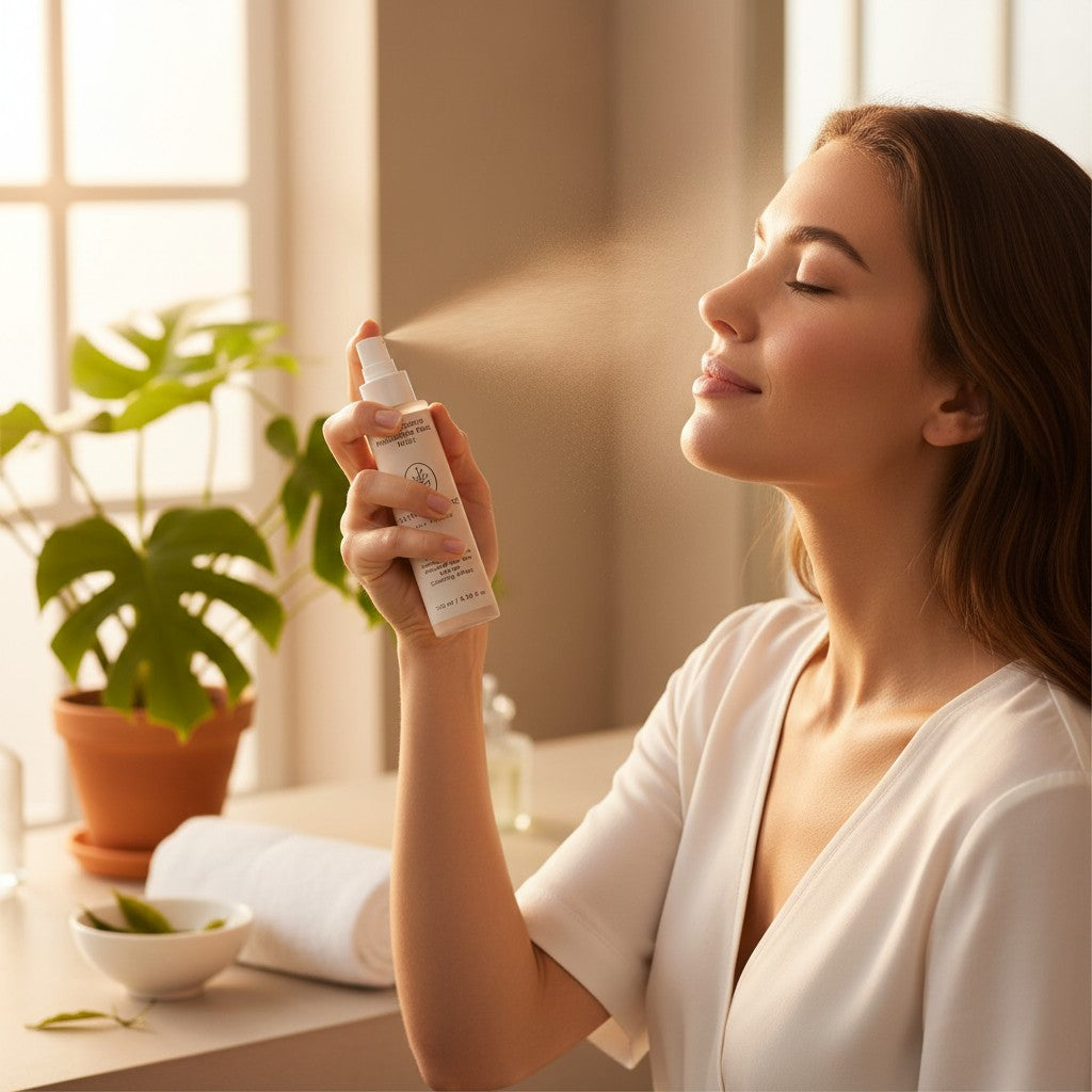 Omina Essence Microbiome Prebiotics Face Mist hydrates and refreshes skin, protecting the skin barrier with a calming effect. 100 ml bottle.