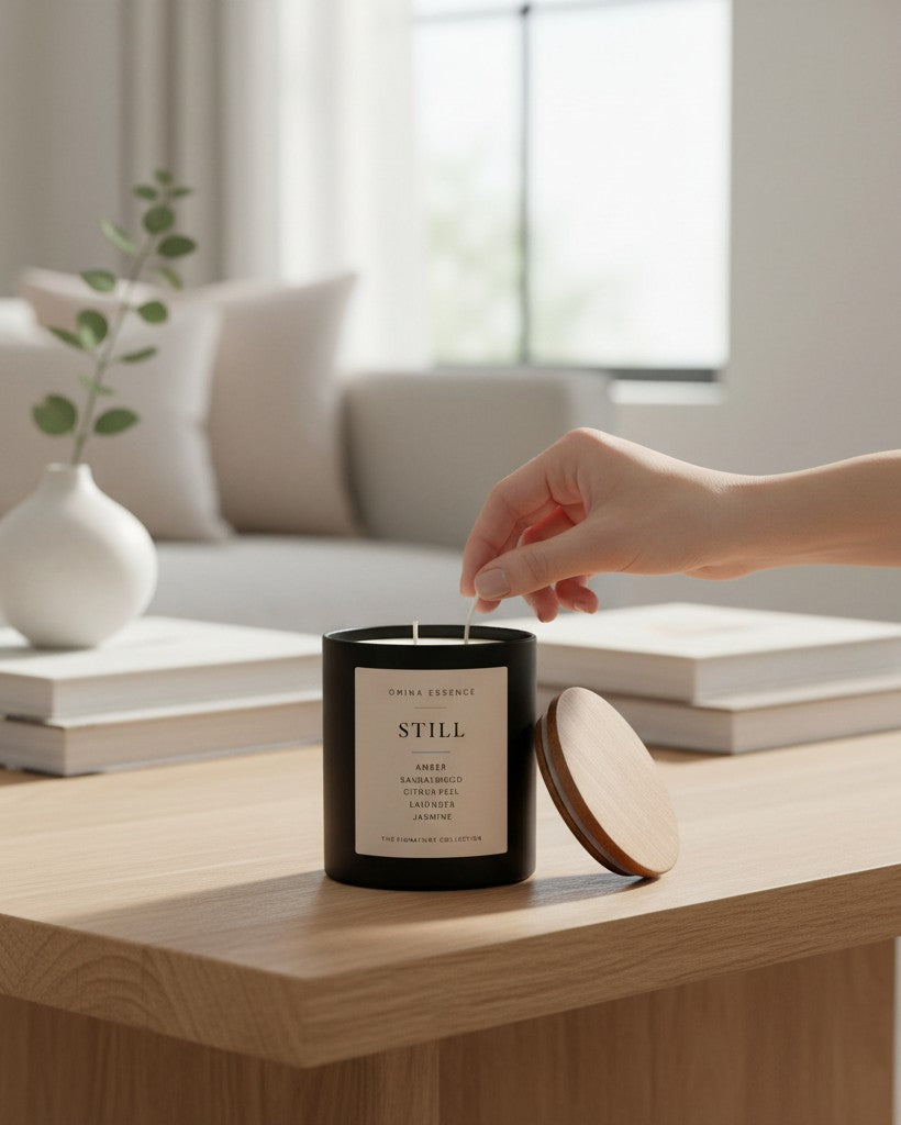 Omina Essence STILL black candle with wooden lid, featuring notes of amber, sandalwood, citrus peel, lavender, and jasmine.