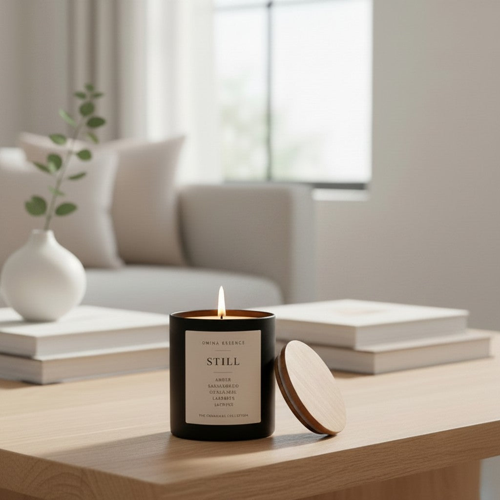 Omina Essence STILL black candle with wooden lid, burning with a soft flame. Ambre, sandalwood, jasmine scent.