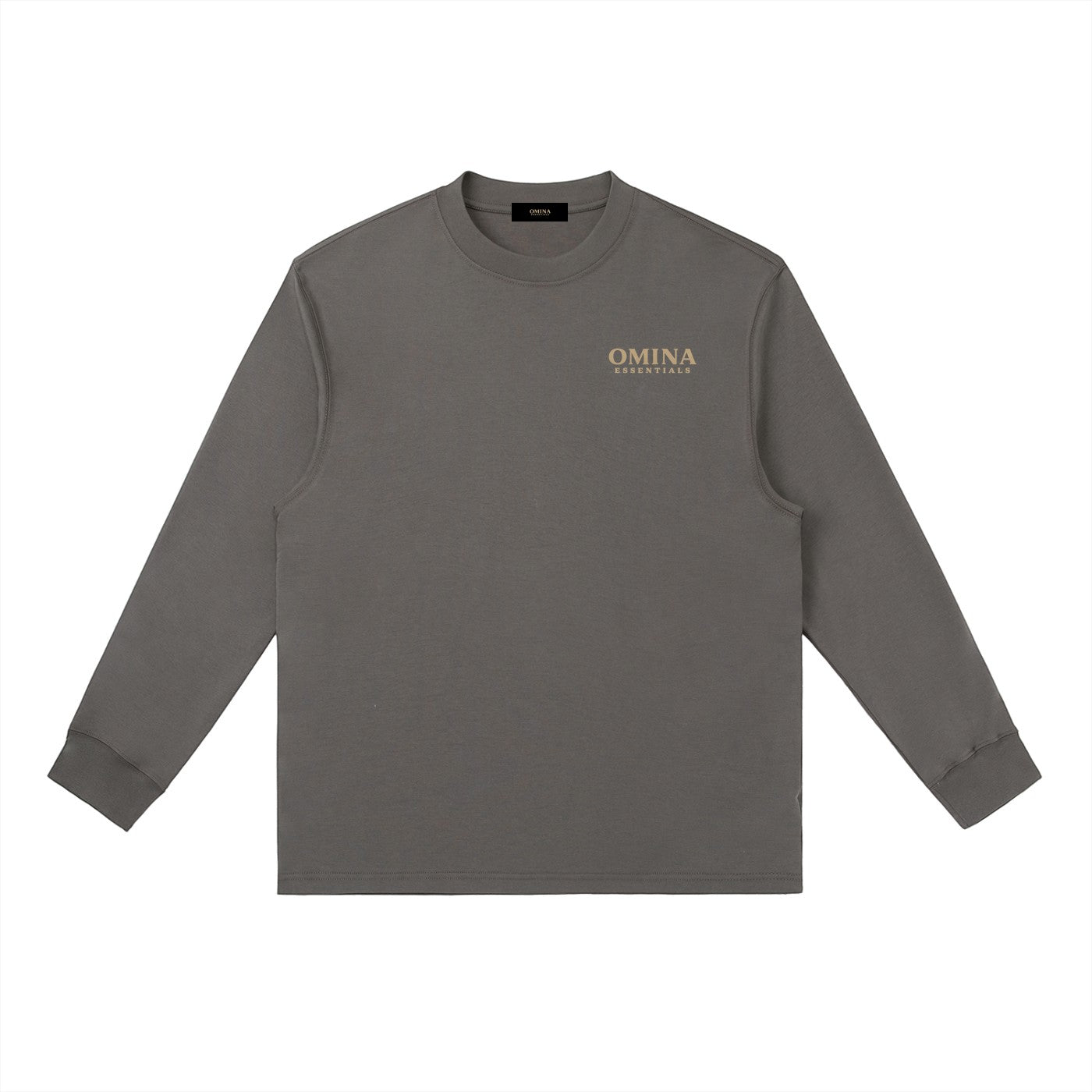 Omina grey cotton blend long-sleeve t-shirt with crewneck and subtle chest logo. Relaxed fit.