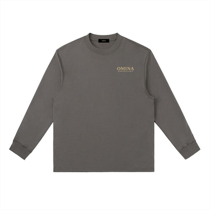 Omina grey cotton blend long-sleeve t-shirt with crewneck and subtle chest logo. Relaxed fit.