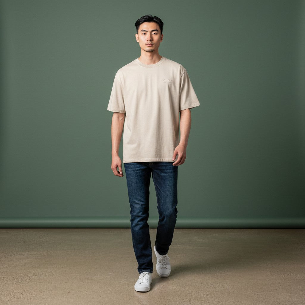 Omina Essentials men's beige cotton t-shirt with minimalist logo detail, paired with dark wash jeans.