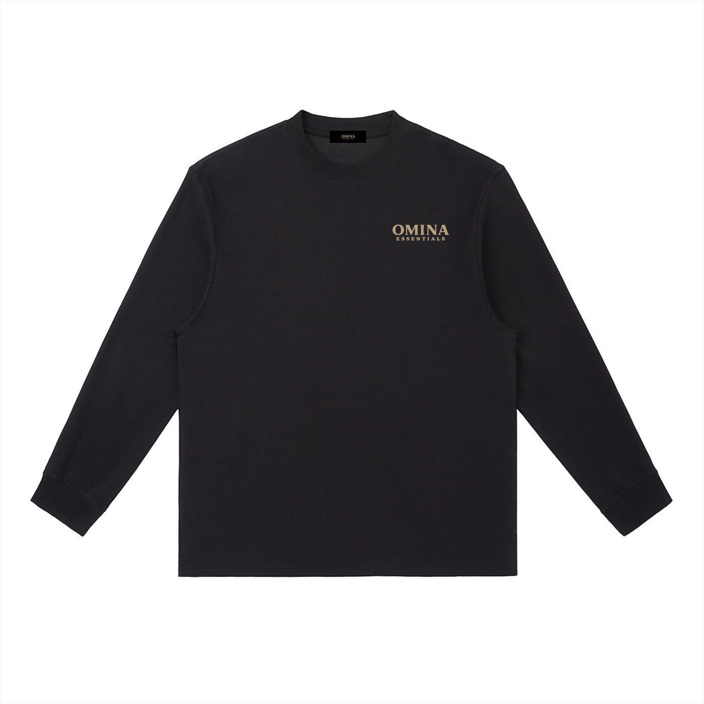 Omina Essentials black cotton blend long-sleeve t-shirt with crewneck and relaxed fit. Features subtle gold logo.