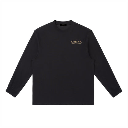 Omina Essentials black cotton blend long-sleeve t-shirt with crewneck and relaxed fit. Features subtle gold logo.