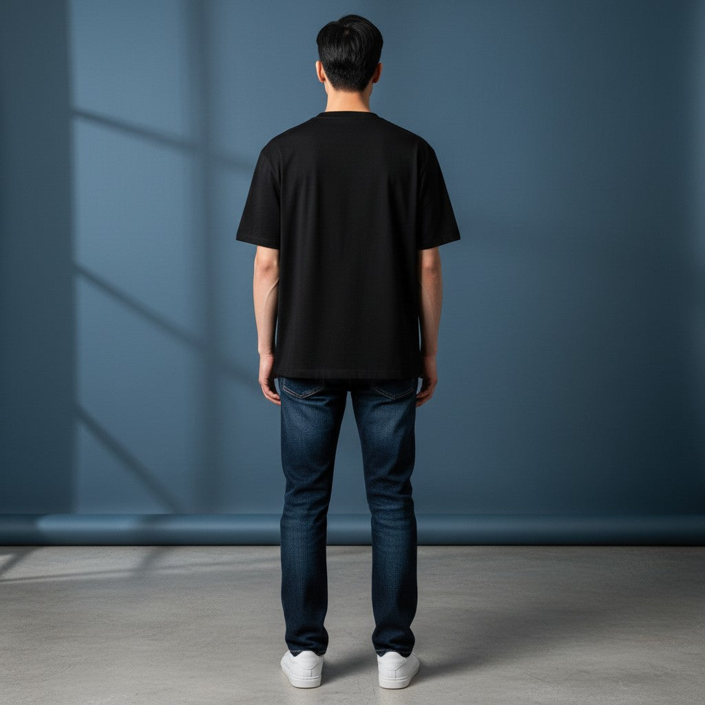OMINA ESSENTIALS black heavyweight cotton t-shirt with relaxed oversized fit and drop shoulders.