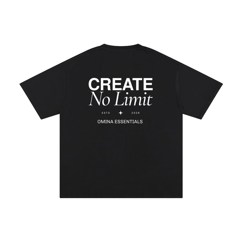 Omina Essentials black heavyweight cotton t-shirt with "CREATE No Limit" graphic print and relaxed fit.