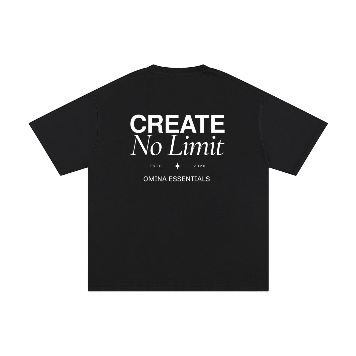 Omina Essentials black heavyweight cotton t-shirt with "CREATE No Limit" graphic print and relaxed fit.