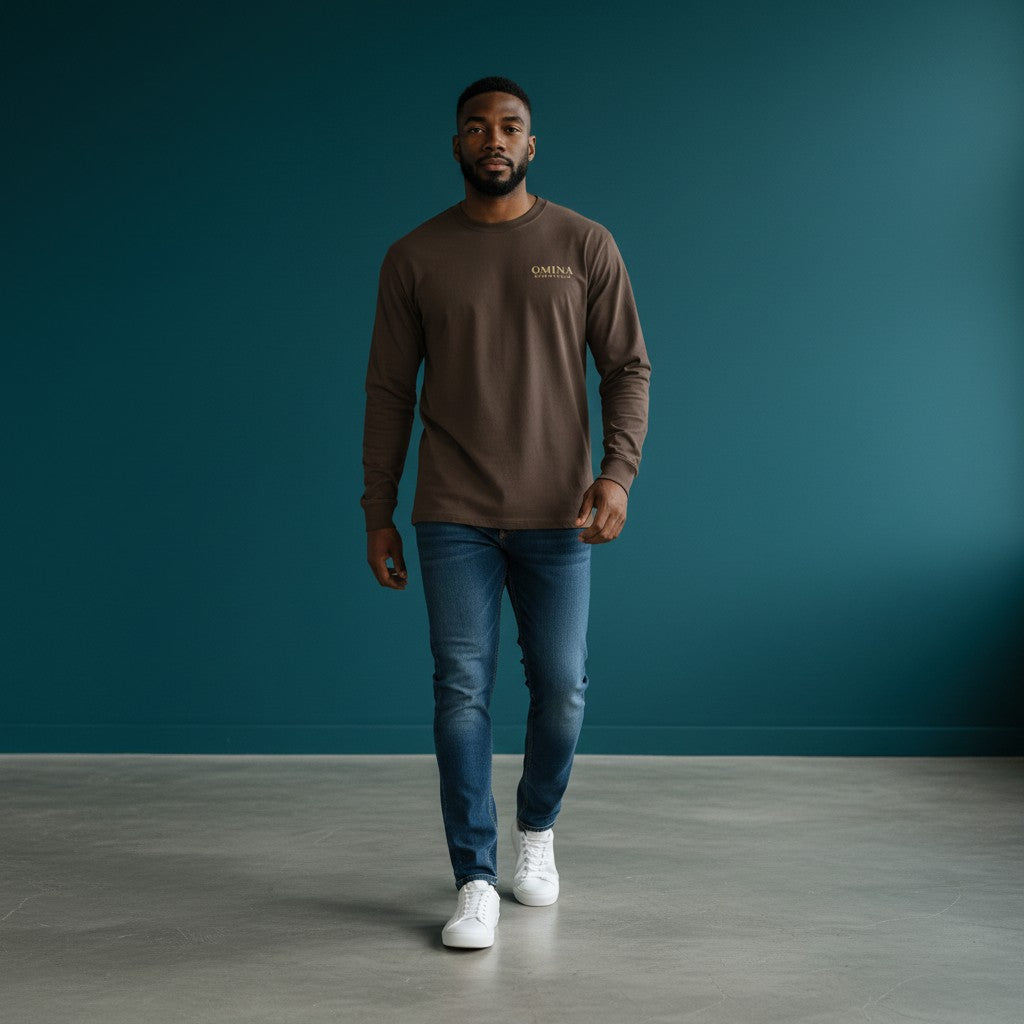 Omina Essentials brown cotton blend long-sleeve t-shirt with crewneck and subtle logo detail.