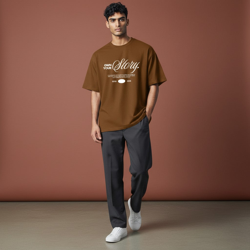 Omina Essentials oversized brown heavyweight cotton t-shirt with white "Own Your Story" graphic print and ESTD 2026 detail.