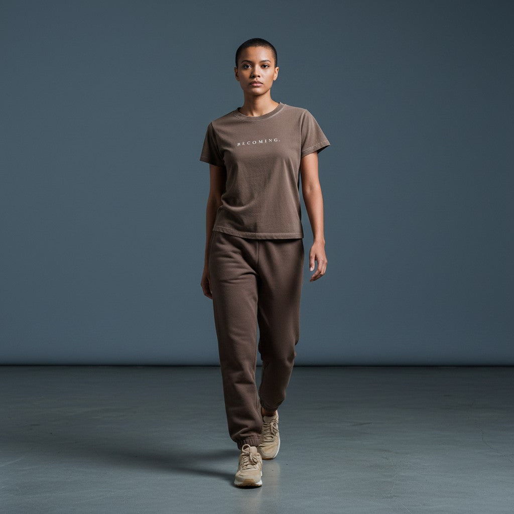 OMINA Essentials brown cotton slim fit t-shirt with "BECOMING." text in white.