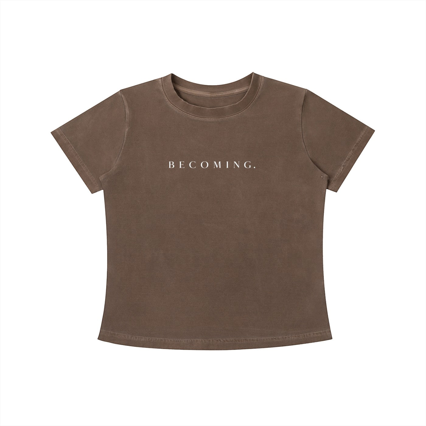 OMINA Essentials brown cotton slim fit t-shirt with "BECOMING." printed on chest. Vintage wash.