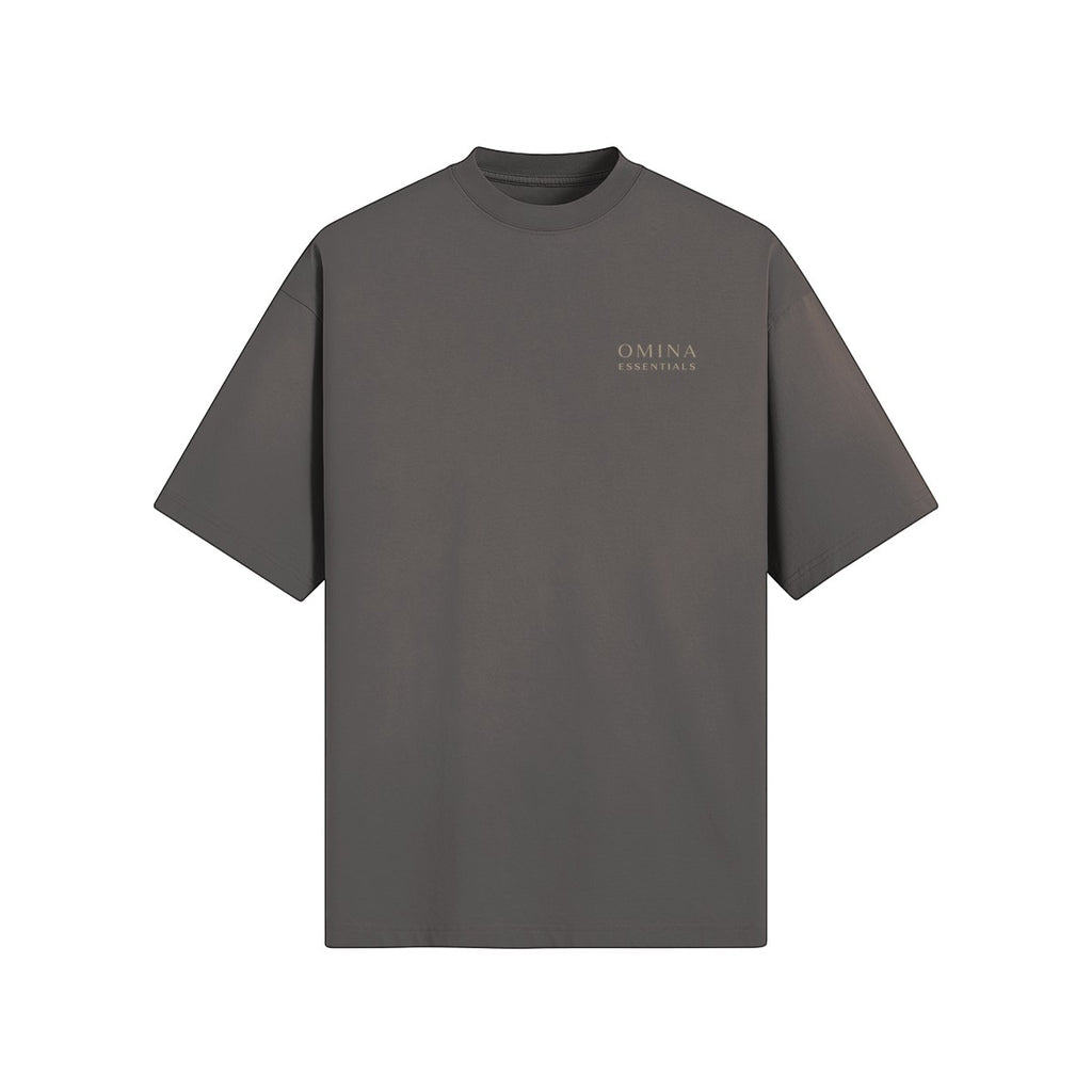 Omina Essentials charcoal grey premium cotton t-shirt with minimalist logo on chest. Soft, breathable, and durable.