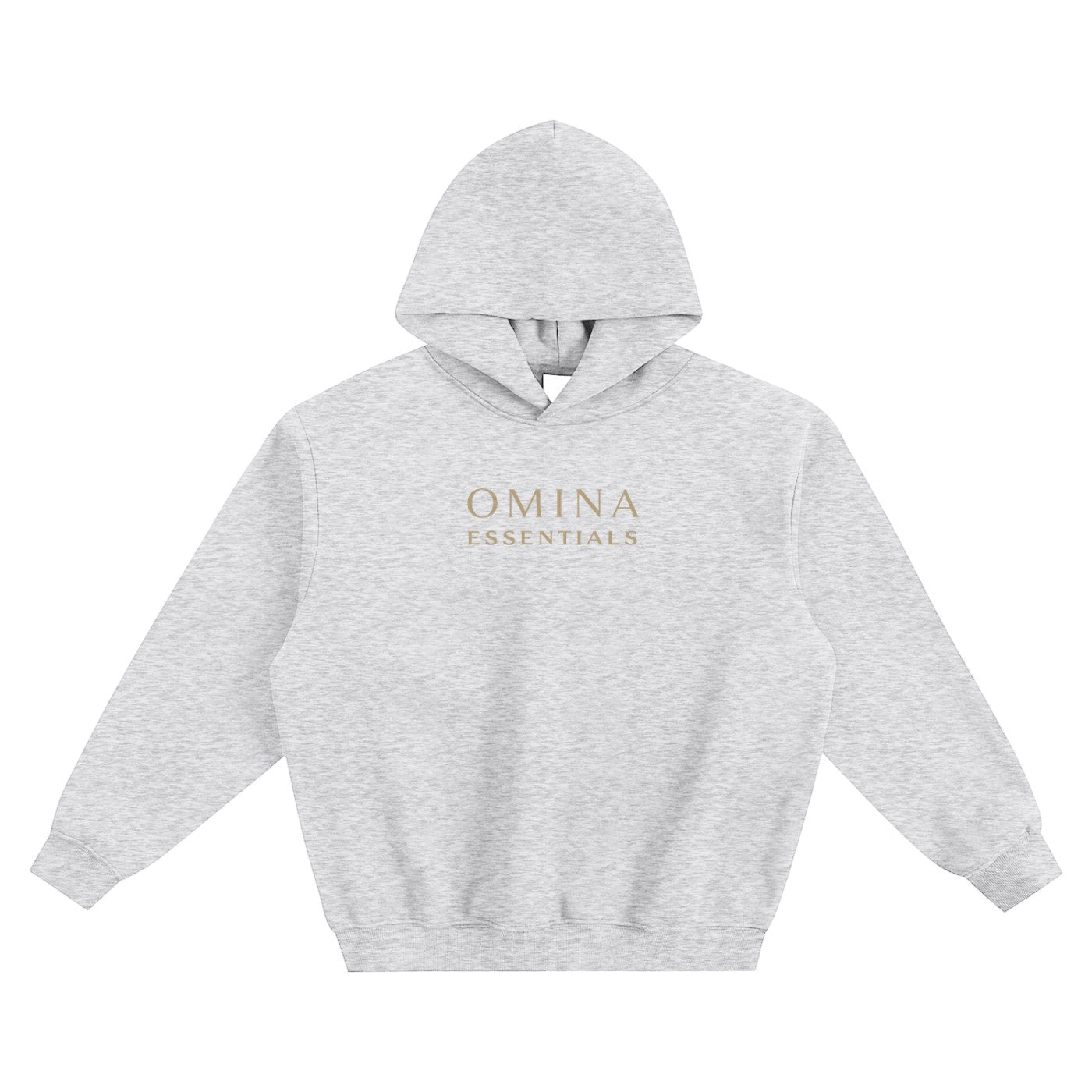 Omina Essentials light grey fleeced boxy hoodie with gold logo on chest and drop shoulders.