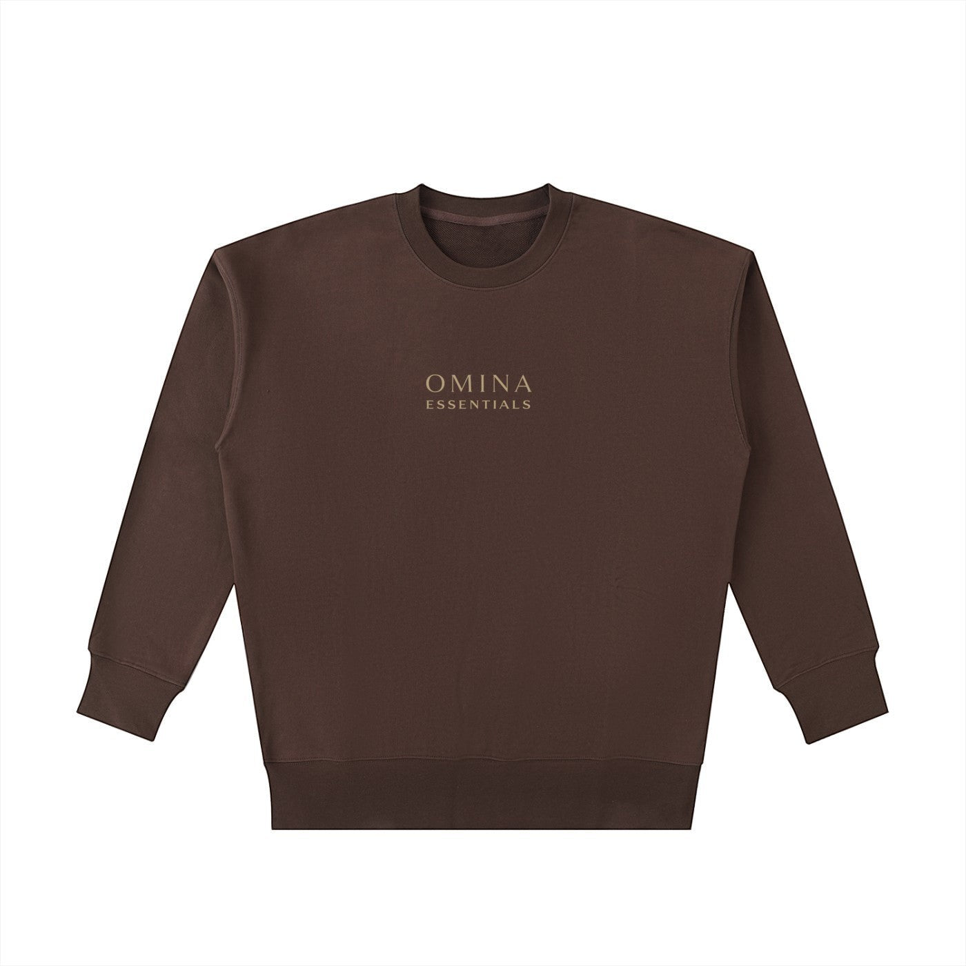 OMINA Essentials heavyweight cotton sweatshirt in dark brown with a brushed interior and oversized fit.