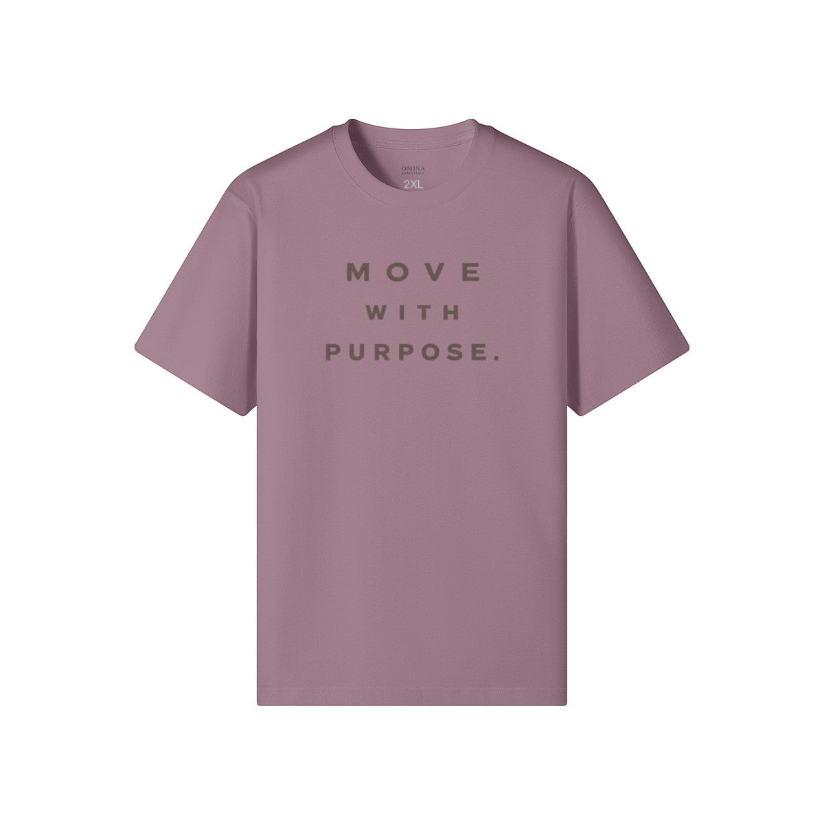 Omina Essentials mauve heavyweight cotton t-shirt with "MOVE WITH PURPOSE." graphic.