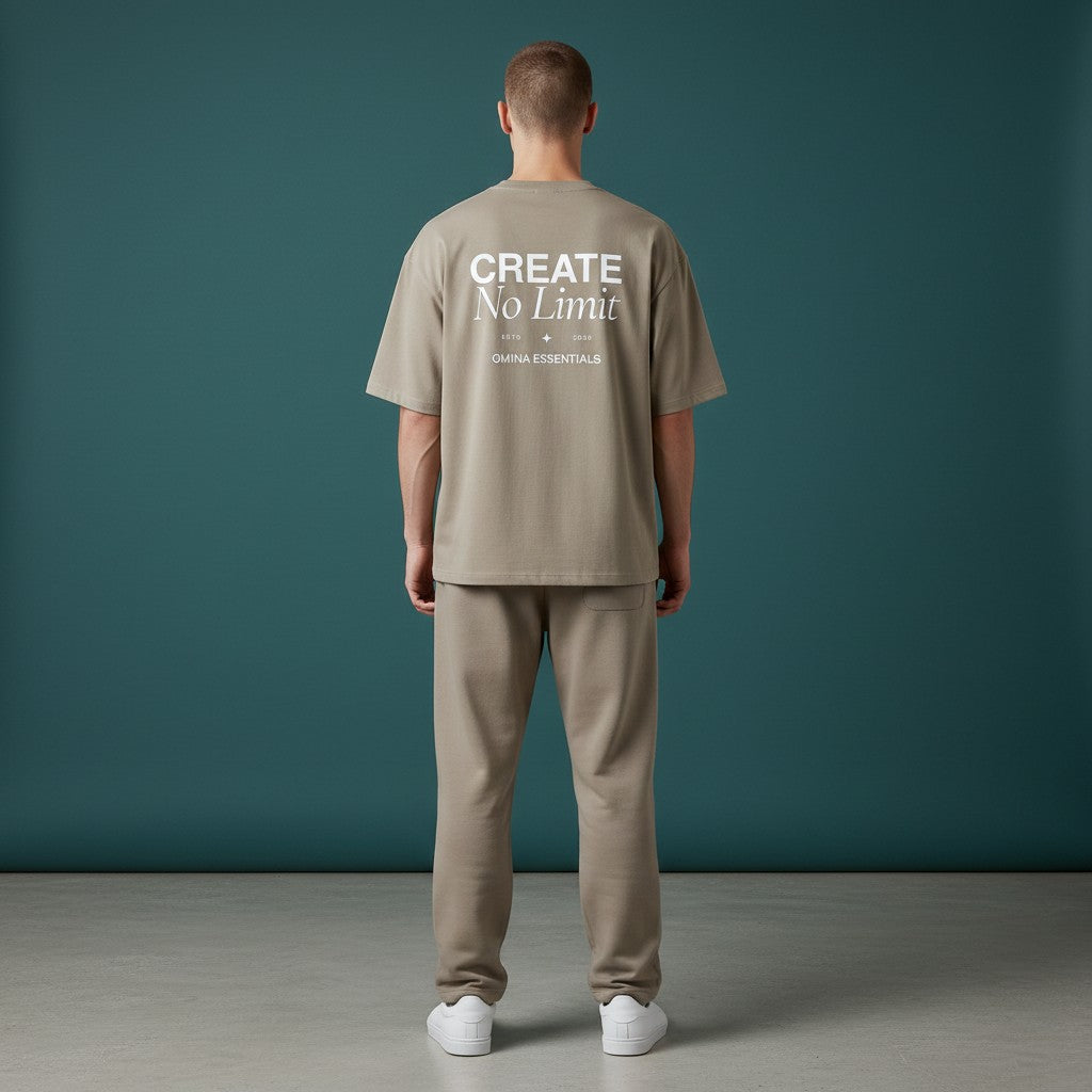 Omina Essentials No Limit heavyweight cotton t-shirt in beige with a relaxed fit and crew neck. Features graphic text on back.