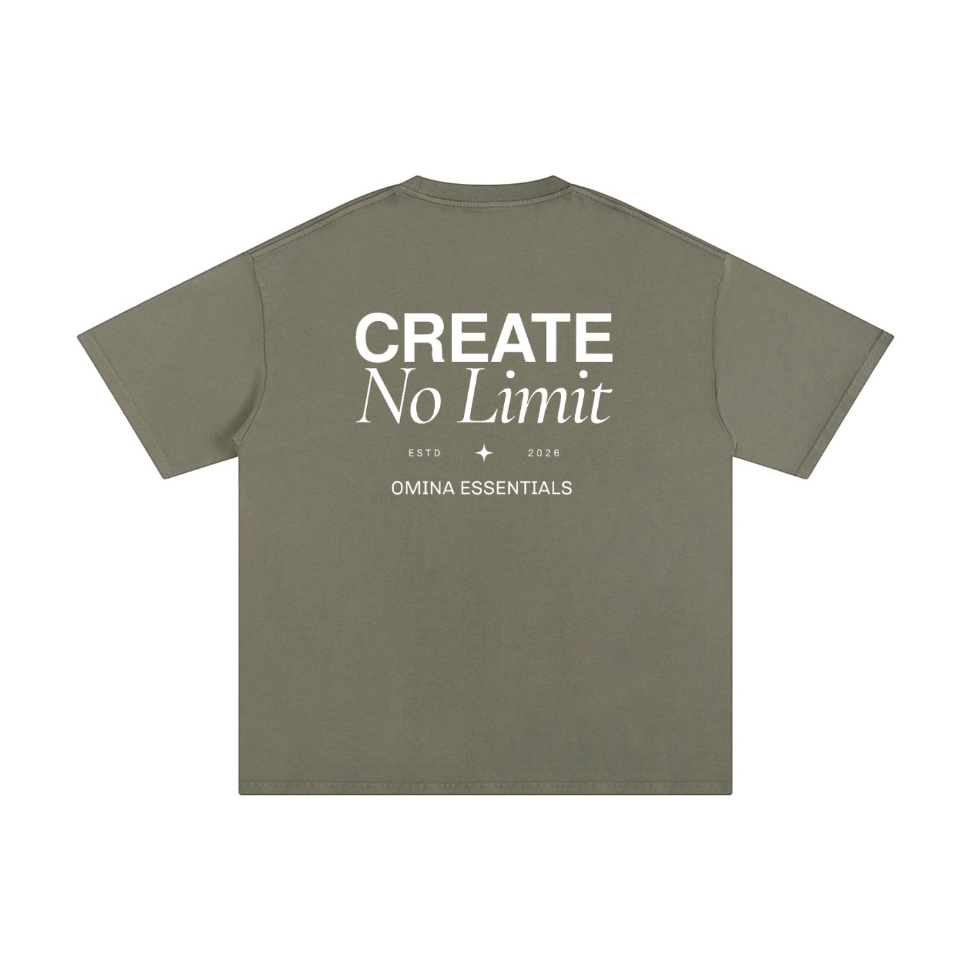 Omina Essentials No Limit heavyweight cotton t-shirt in olive green with crew neck and drop shoulders.