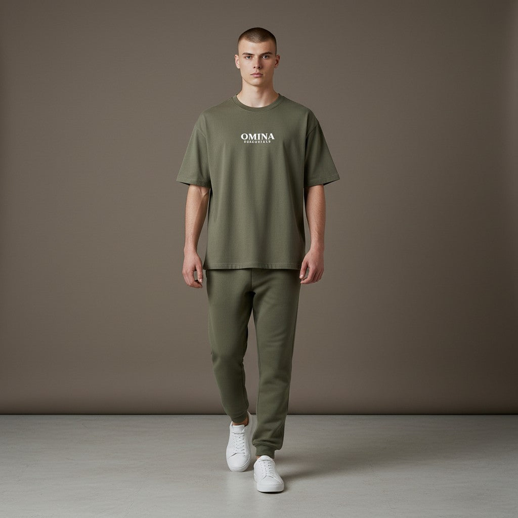 OMINA Essentials No Limit heavyweight cotton t-shirt in olive green with relaxed fit and crew neck.