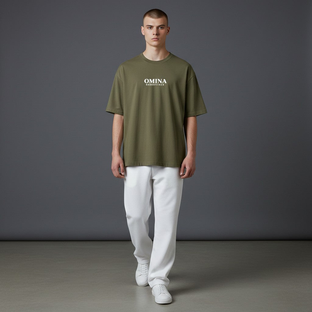 OMINA Essentials No Limit heavyweight cotton t-shirt in olive green with a relaxed fit and crew neck.