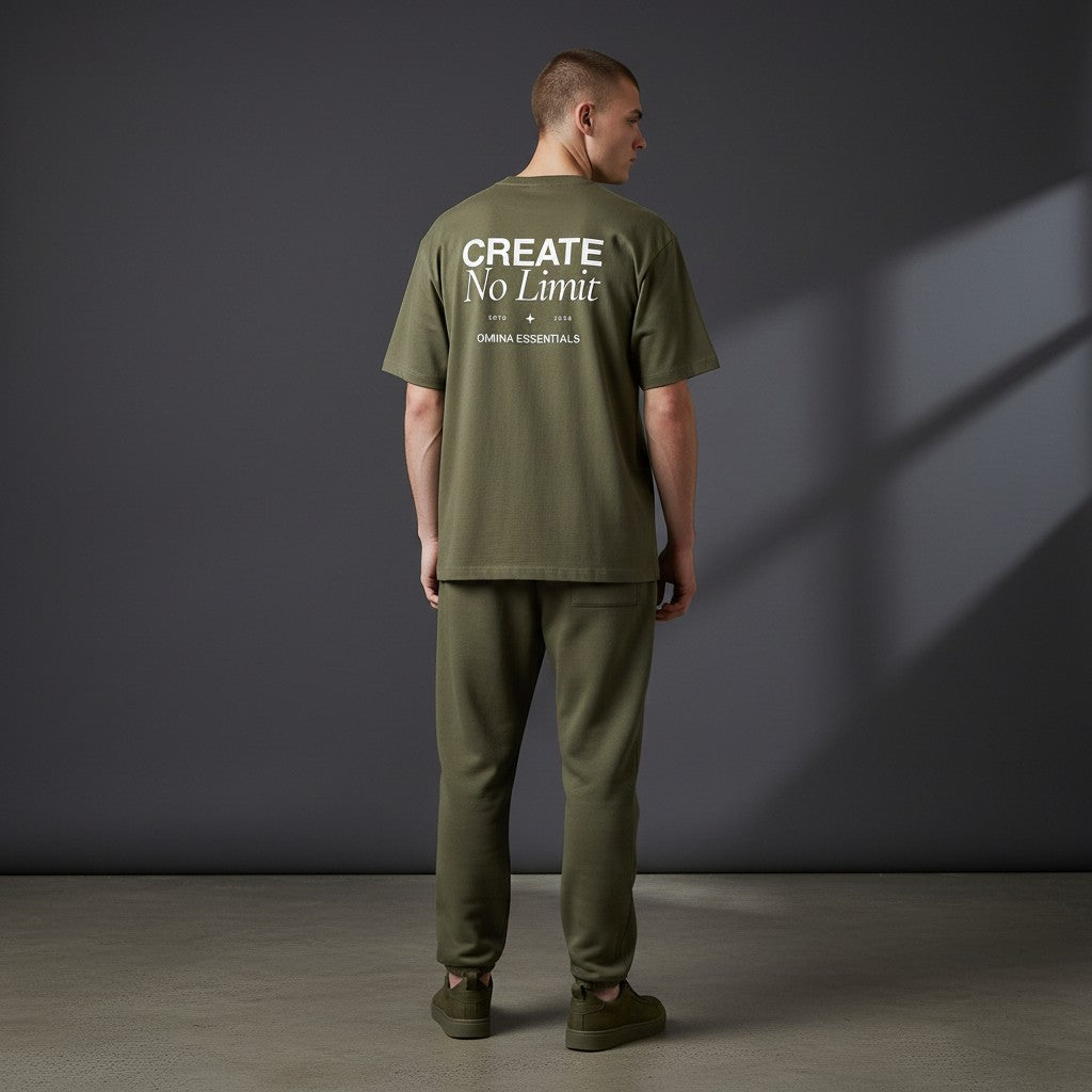 OMINA Essentials No Limit heavyweight cotton t-shirt in olive green with drop shoulders and crew neck. Model wears matching pants.