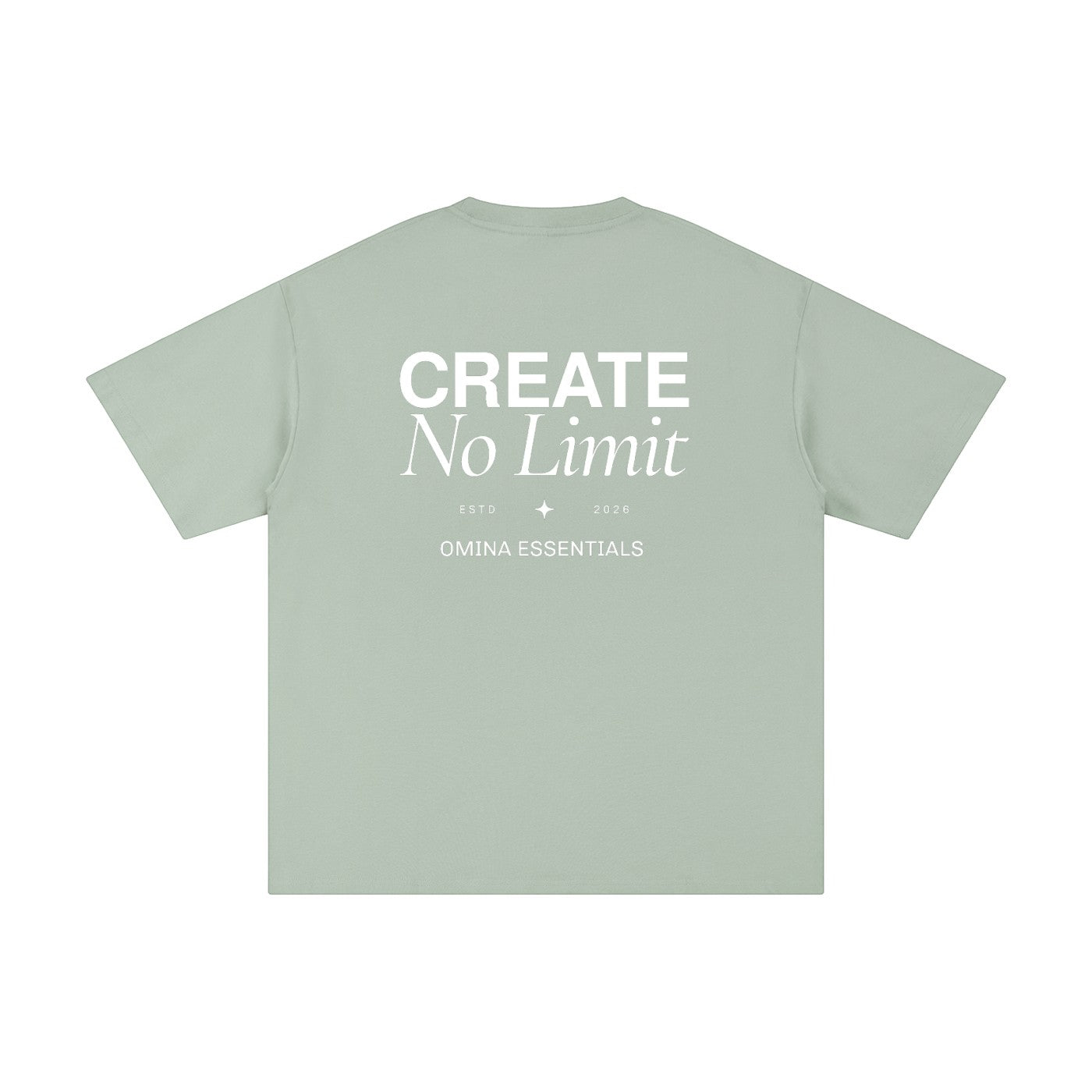 Omina Essentials No Limit heavyweight cotton t-shirt in sage green with crew neck and drop shoulders.