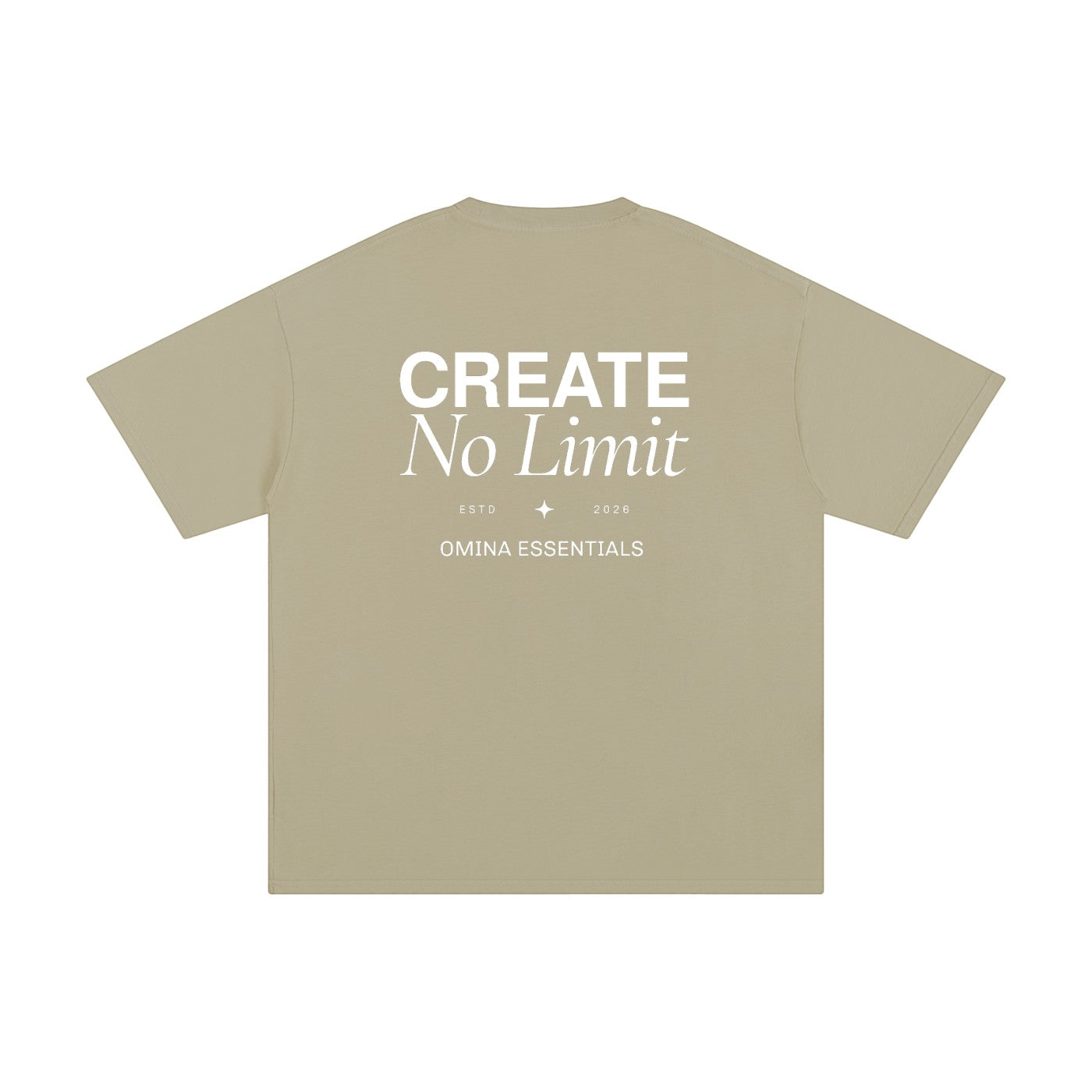 Omina Essentials No Limit heavyweight cotton t-shirt in tan with white text graphic on back.
