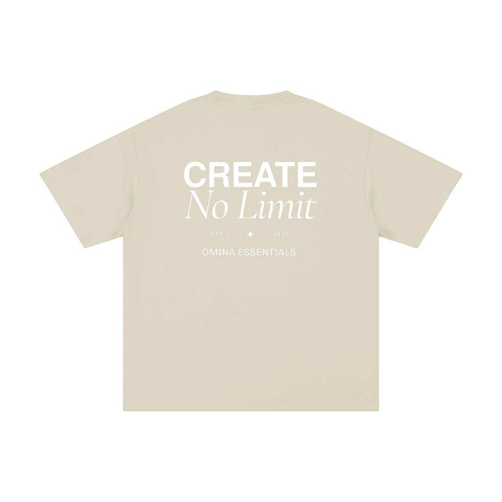 Omina Essentials No Limit heavyweight cotton t-shirt in beige with crew neck and drop shoulders. Features white text graphic on back.