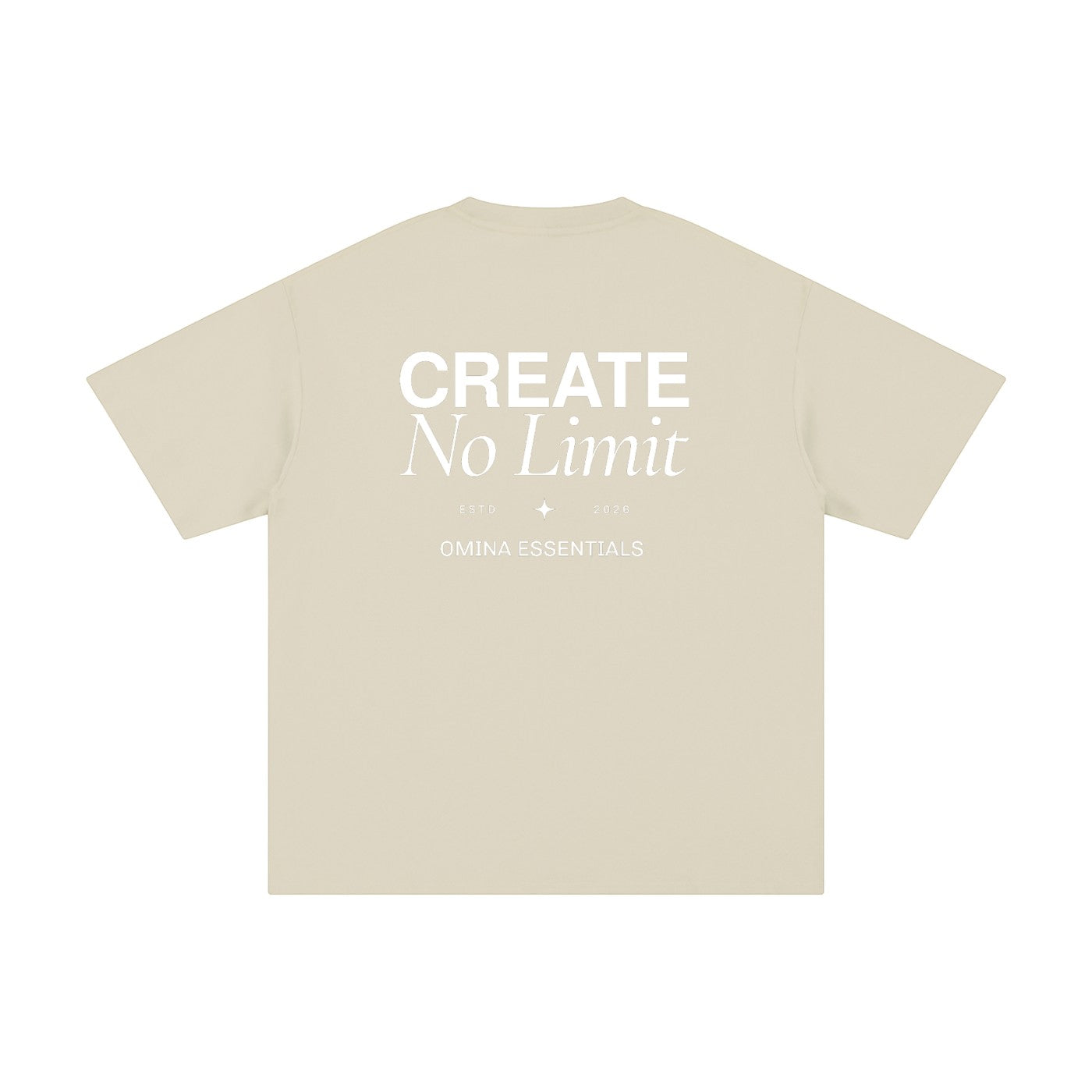 Omina Essentials No Limit heavyweight cotton t-shirt in beige with crew neck and drop shoulders. Features white text graphic on back.