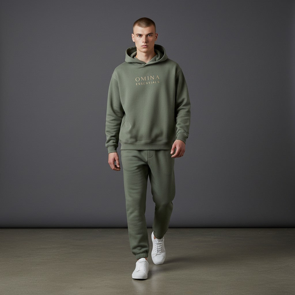 OMINA Essentials olive green fleeced boxy hoodie with drop shoulders and ribbed cuffs/hem. Minimalist design.