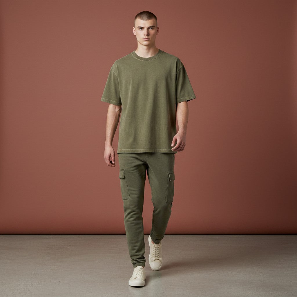 Omina Essentials olive green vintage wash heavyweight cotton t-shirt with relaxed oversized fit and ribbed crew neck.