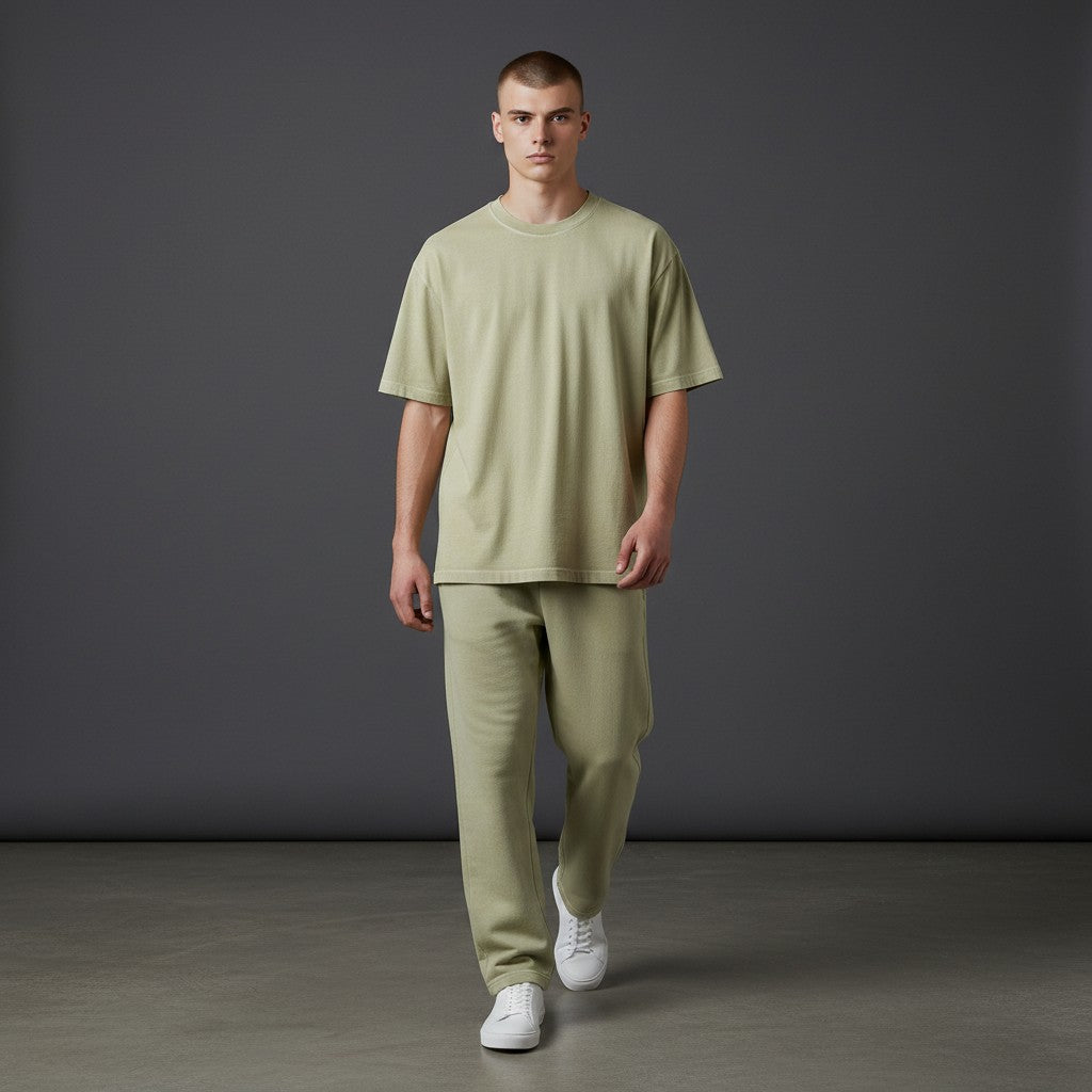 Omina Essentials vintage wash cotton t-shirt in pale green with a relaxed oversized fit and ribbed crew neck.