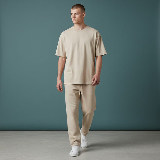 Omina Essentials vintage wash cotton t-shirt in a neutral beige with a relaxed oversized fit and ribbed crew neckline.