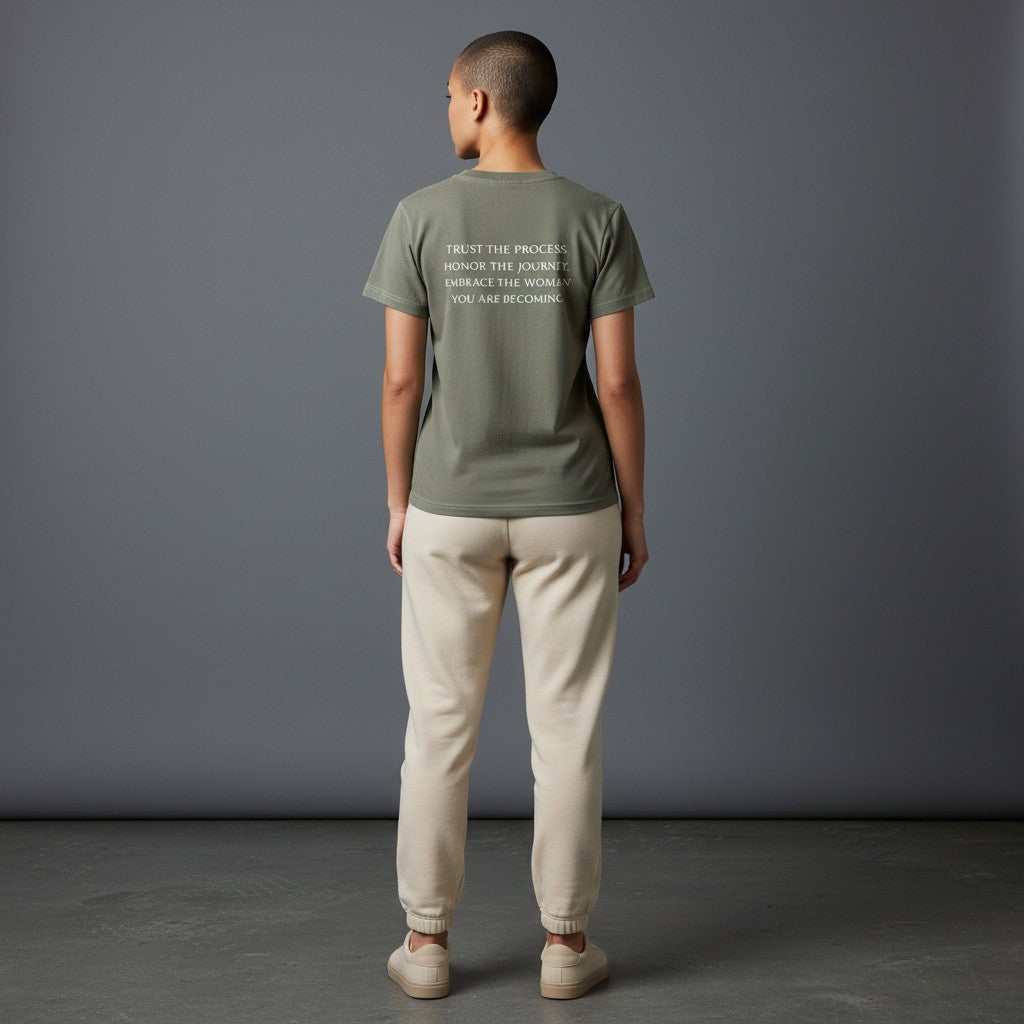 OMINA Essentials olive green cotton t-shirt with vintage wash and white text reading "TRUST THE PROCESS. HONOR THE JOURNEY. EMBRACE THE WOMAN YOU ARE BECOMING."