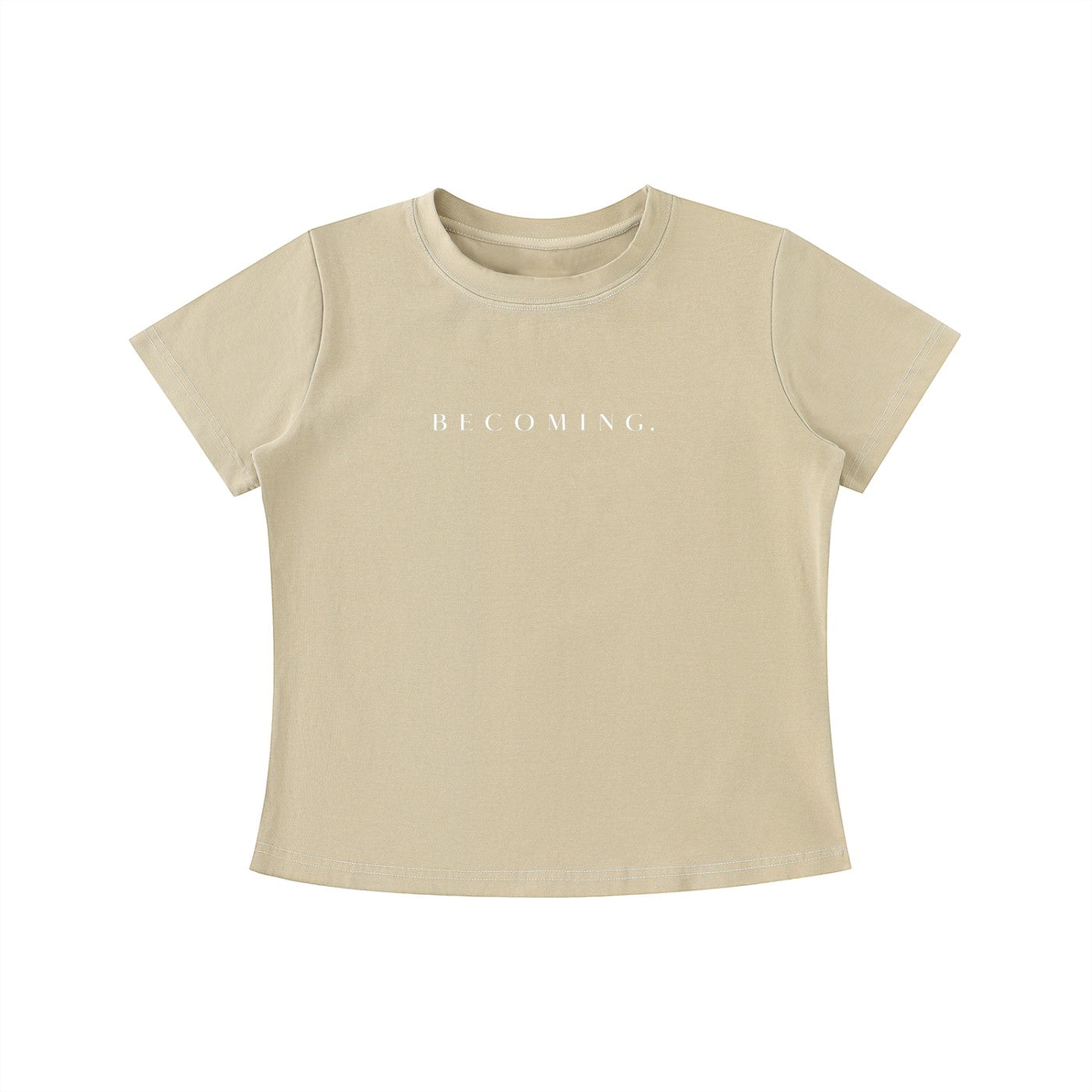 OMINA Essentials beige cotton t-shirt with 'BECOMING.' text in white, vintage wash, slim fit.