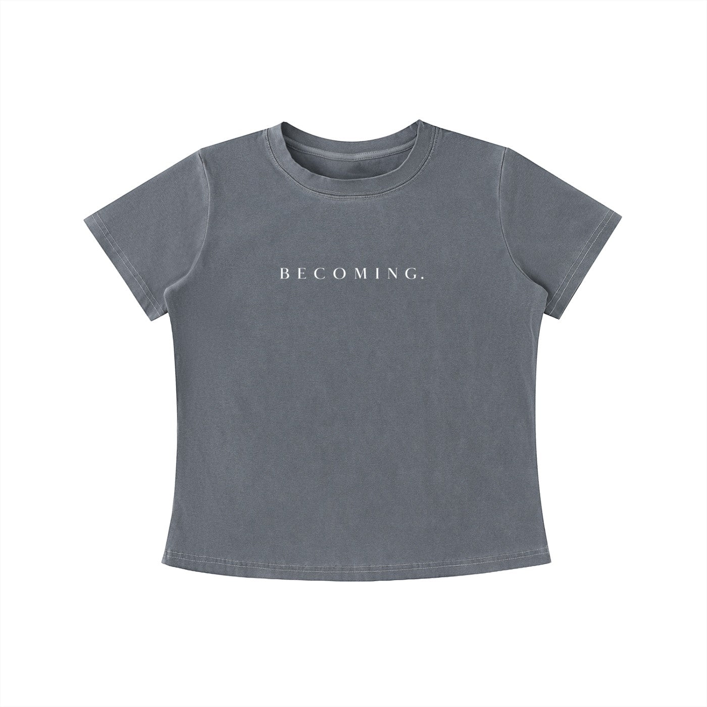 OMINA Essentials grey cotton t-shirt with 'BECOMING.' text in white, vintage wash, slim fit.