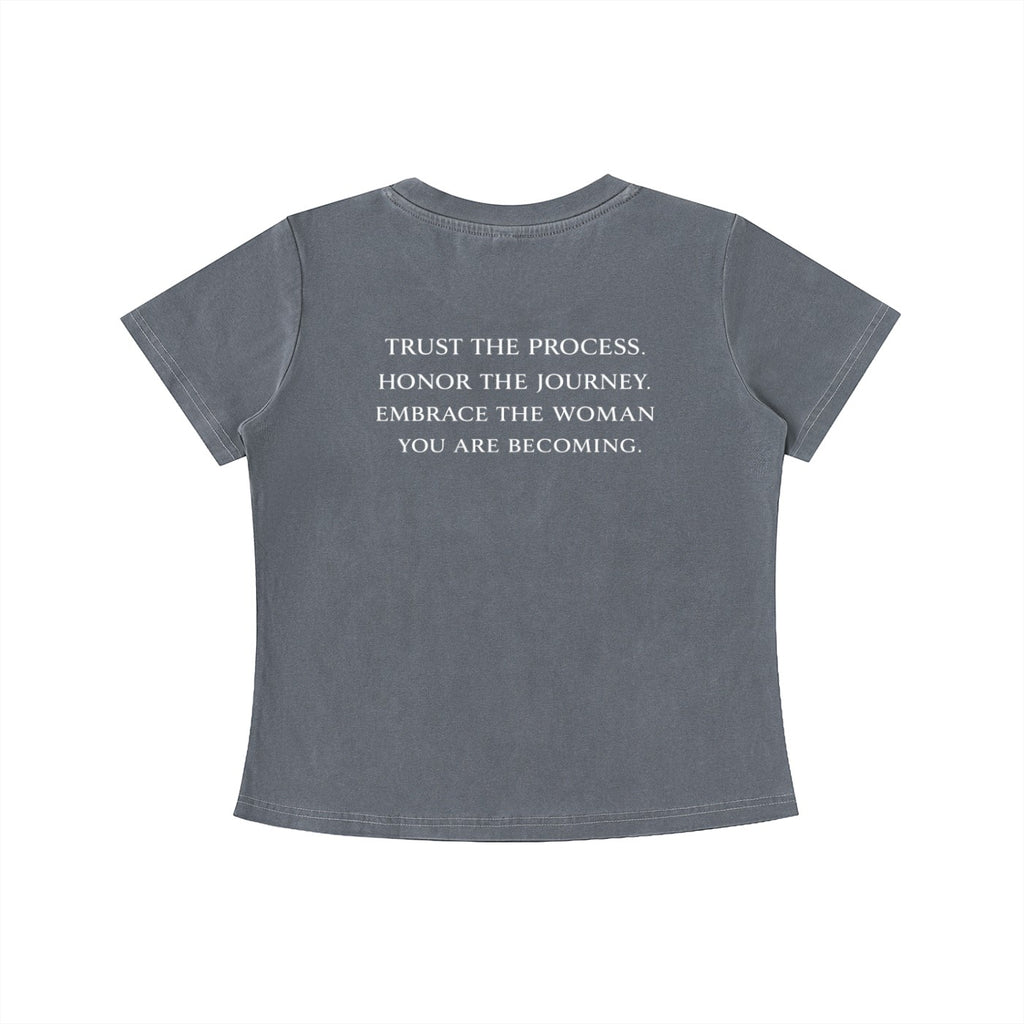 OMINA Essentials grey cotton t-shirt with vintage wash and inspirational text on back.