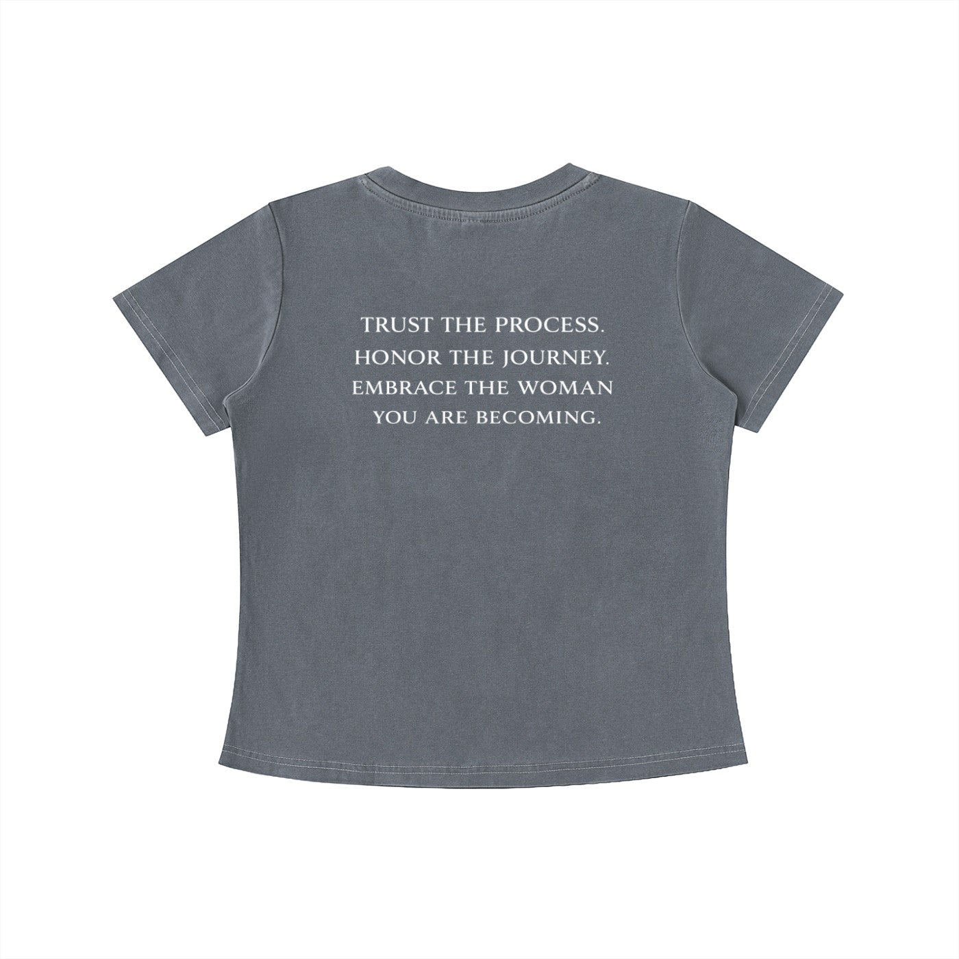 OMINA Essentials grey cotton t-shirt with vintage wash and inspirational text on back.