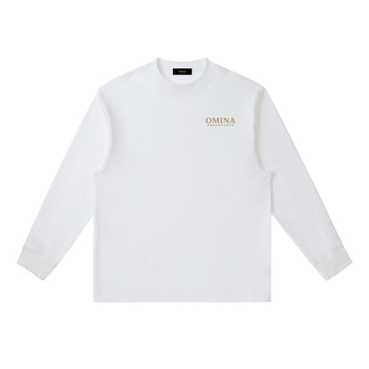 Omina Essentials white cotton blend long-sleeve t-shirt with crewneck and relaxed fit.