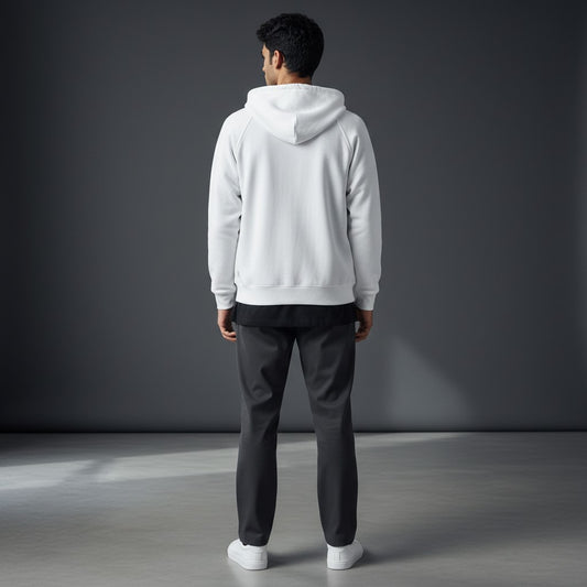 Omina Essentials white full-zip hoodie made from heavyweight combed cotton with a brushed interior and kangaroo pocket.