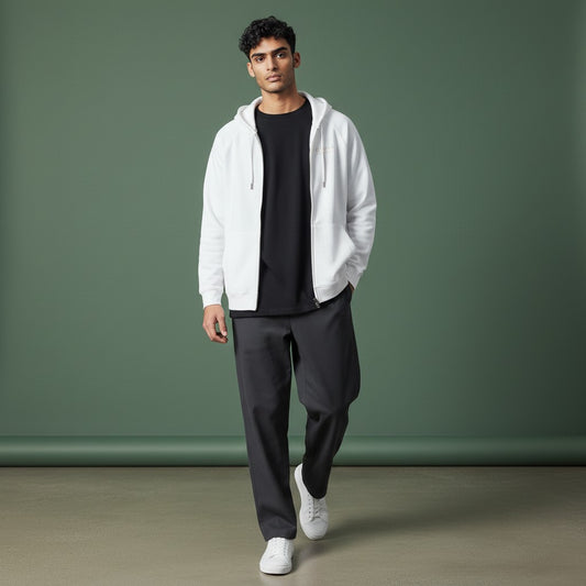 Omina Essentials white full-zip hoodie with raglan sleeves and kangaroo pocket, made from heavyweight combed cotton.