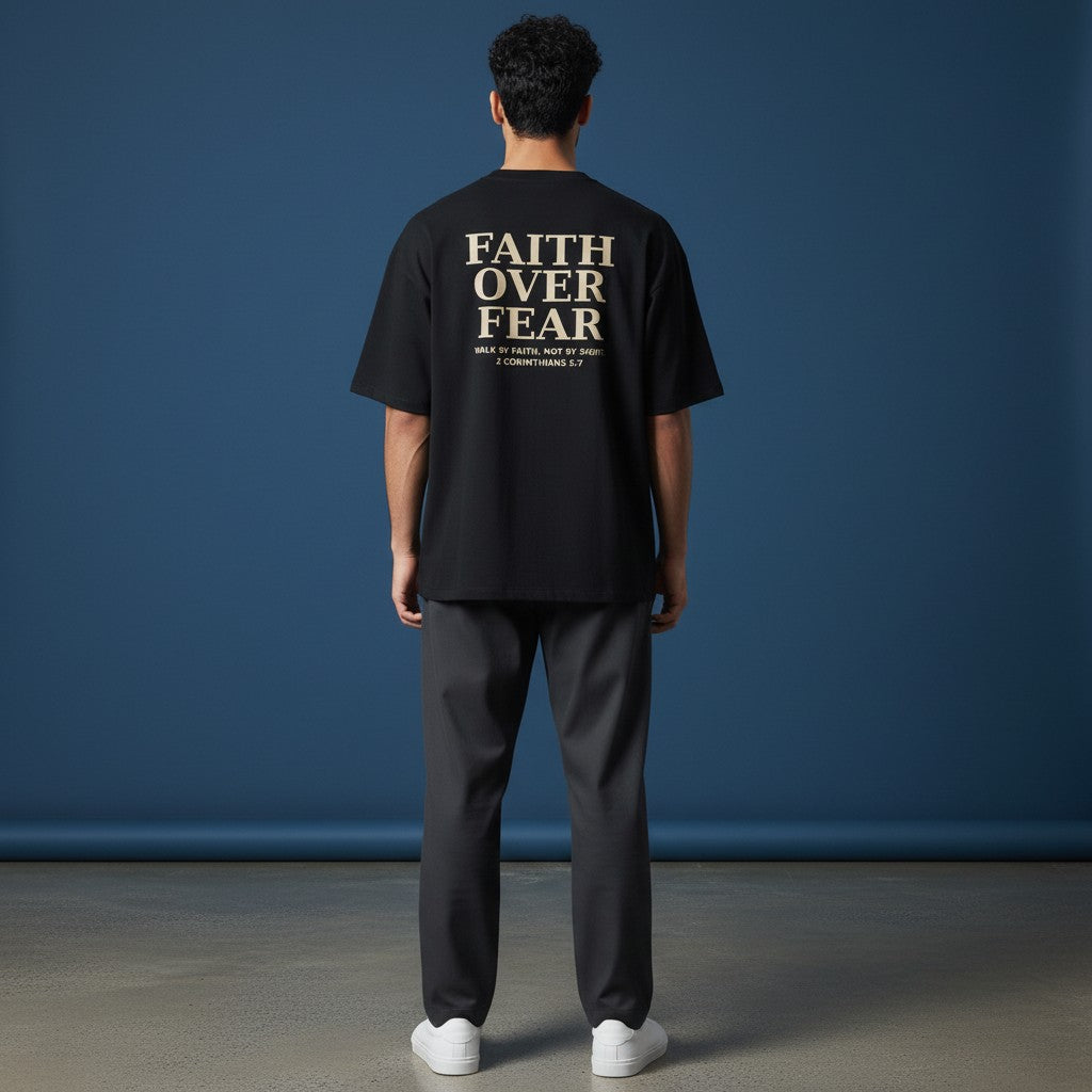 OMINA Studio black crop t-shirt with "FAITH OVER FEAR" and Bible verse 2 Corinthians 5:7 printed on back.
