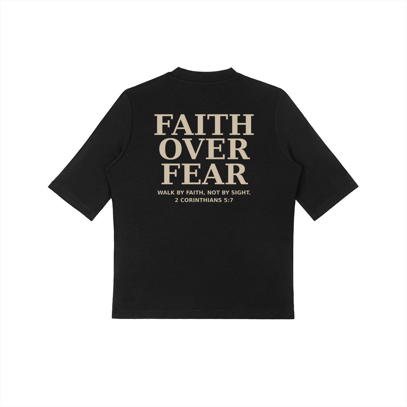 OMINA Studio black crop t-shirt with "FAITH OVER FEAR" and Bible verse 2 Corinthians 5:7 printed on back.