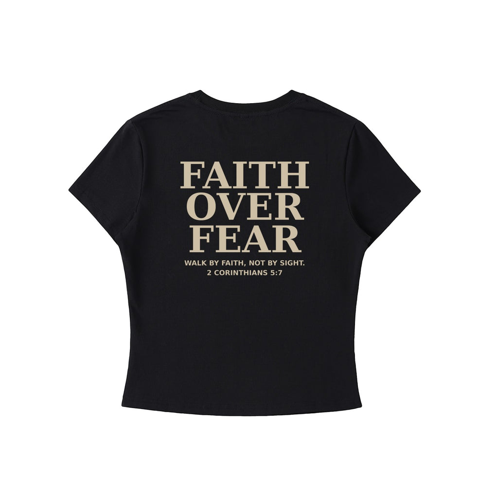 Omina black cotton spandex crewneck t-shirt with "Faith Over Fear" graphic and Bible verse "Walk by Faith, Not by Sight. 2 Corinthians 5:7".