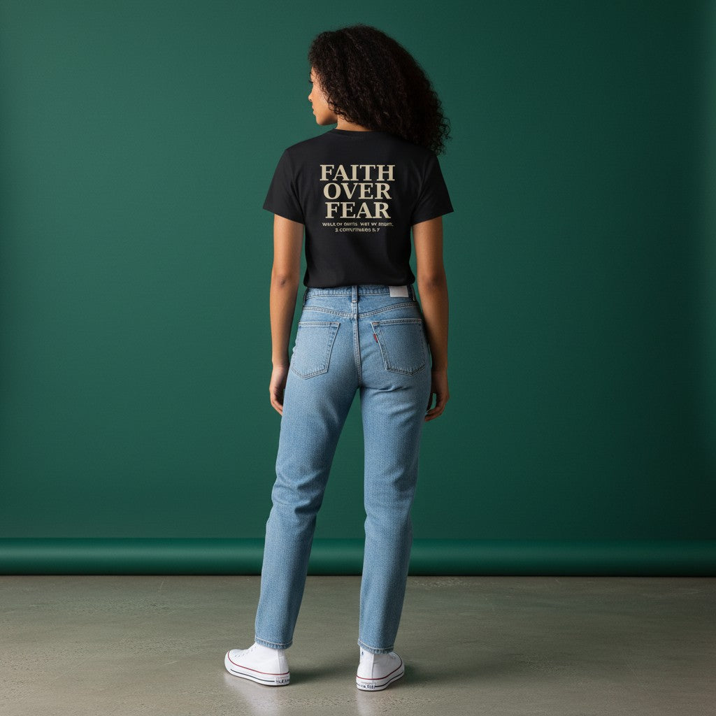 Omina black cotton-spandex crewneck t-shirt with "Faith Over Fear" graphic and Bible verse 2 Corinthians 5:7.