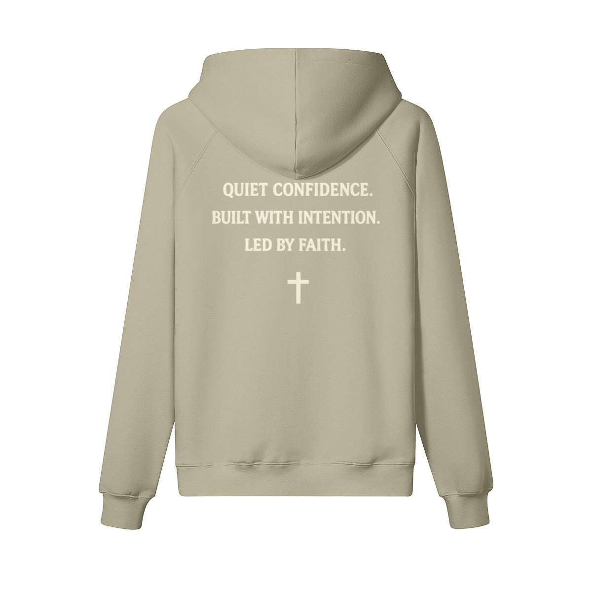 Omina Studio beige heavyweight cotton pullover hoodie with "Quiet Confidence. Built With Intention. Led By Faith." text and a cross graphic.