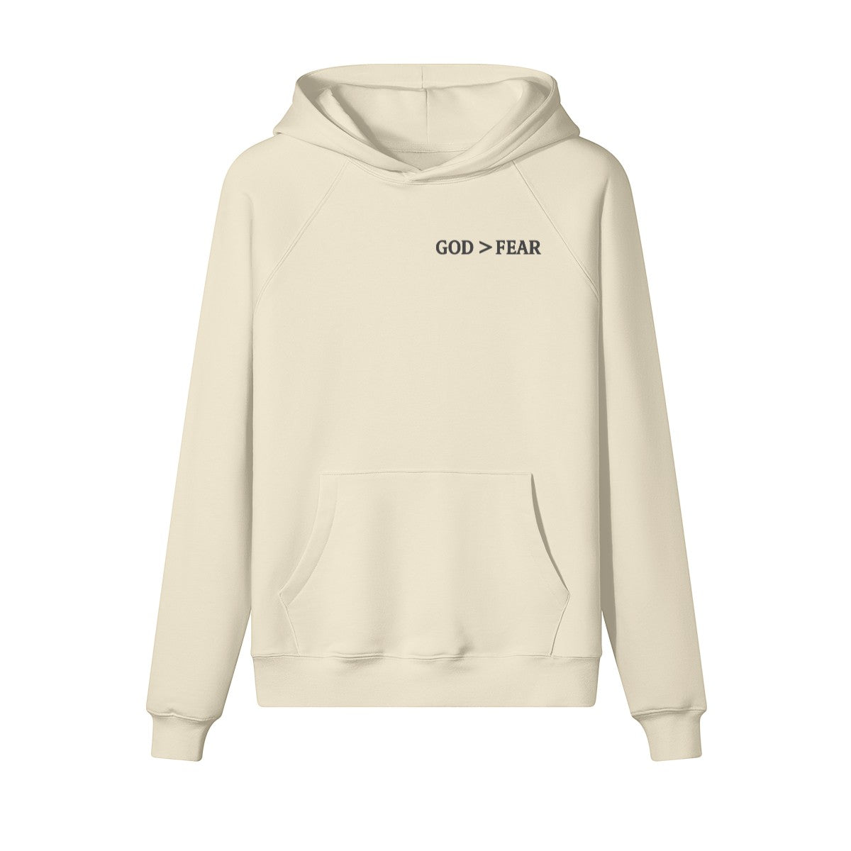 Omina Studio cream heavyweight cotton pullover hoodie with "GOD > FEAR" graphic and front kangaroo pocket.