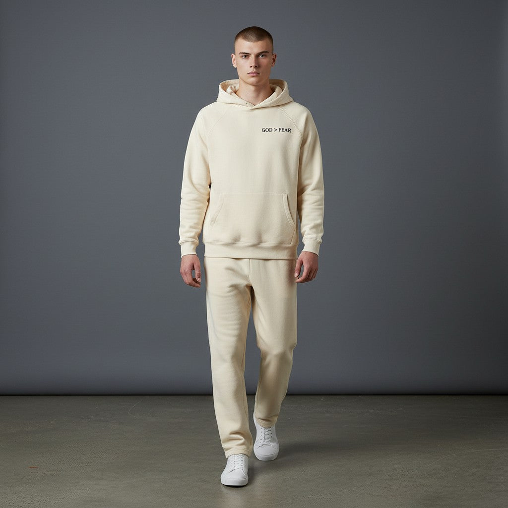 Omina Studio cream heavyweight cotton pullover hoodie with 'GOD > FEAR' graphic and kangaroo pocket.